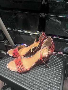 Seychelles Red Patterned Ankle-Strap Wedge Sandals